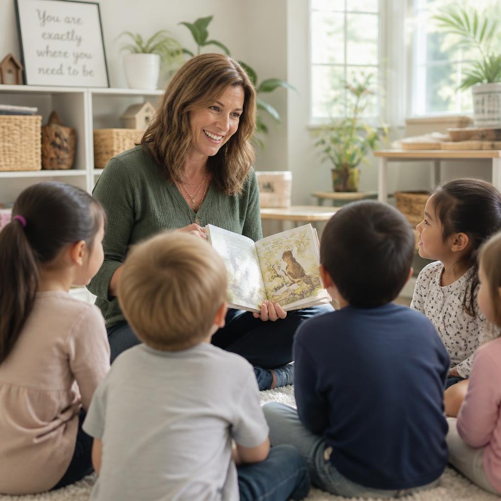 Teacher reading a picture book to a small group of preschool children